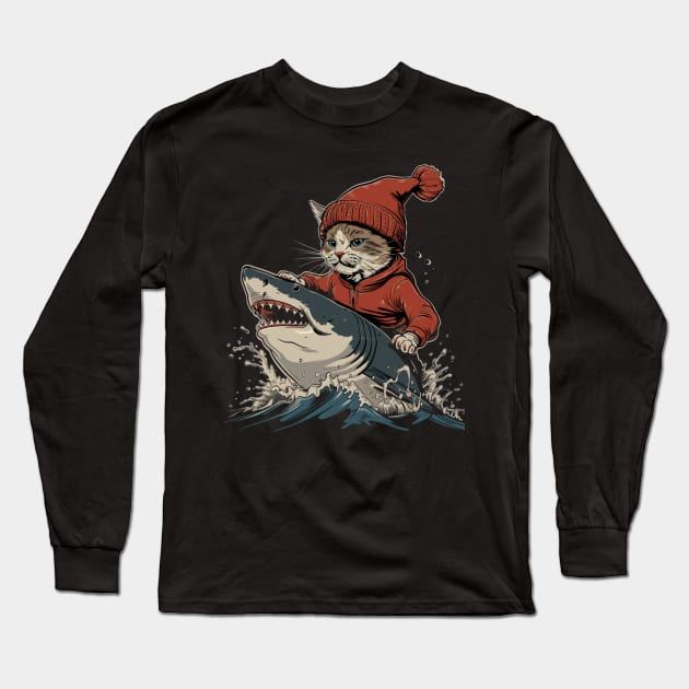 Cat Riding Shark Underwater Safari Long Sleeve T-Shirt by BilodeauBlue